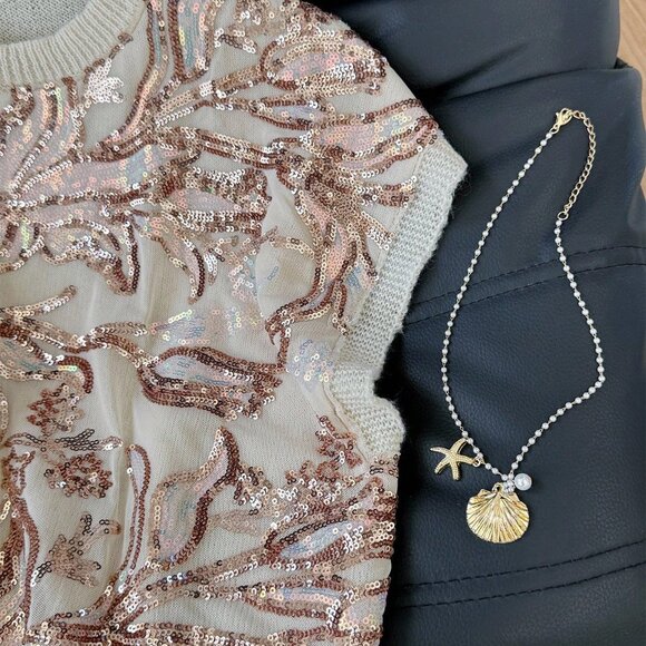 Apricot Casual Women's Sequin Embroidered Sleeveless Knit Tops - Picture 4 of 6